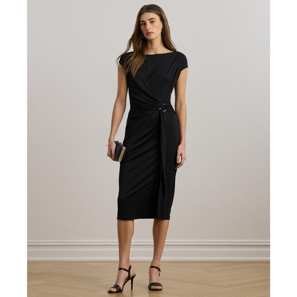Lauren Ralph Lauren Women's Ring-Trim Jersey Cap-Sleeve Dress Black Size 12 2101